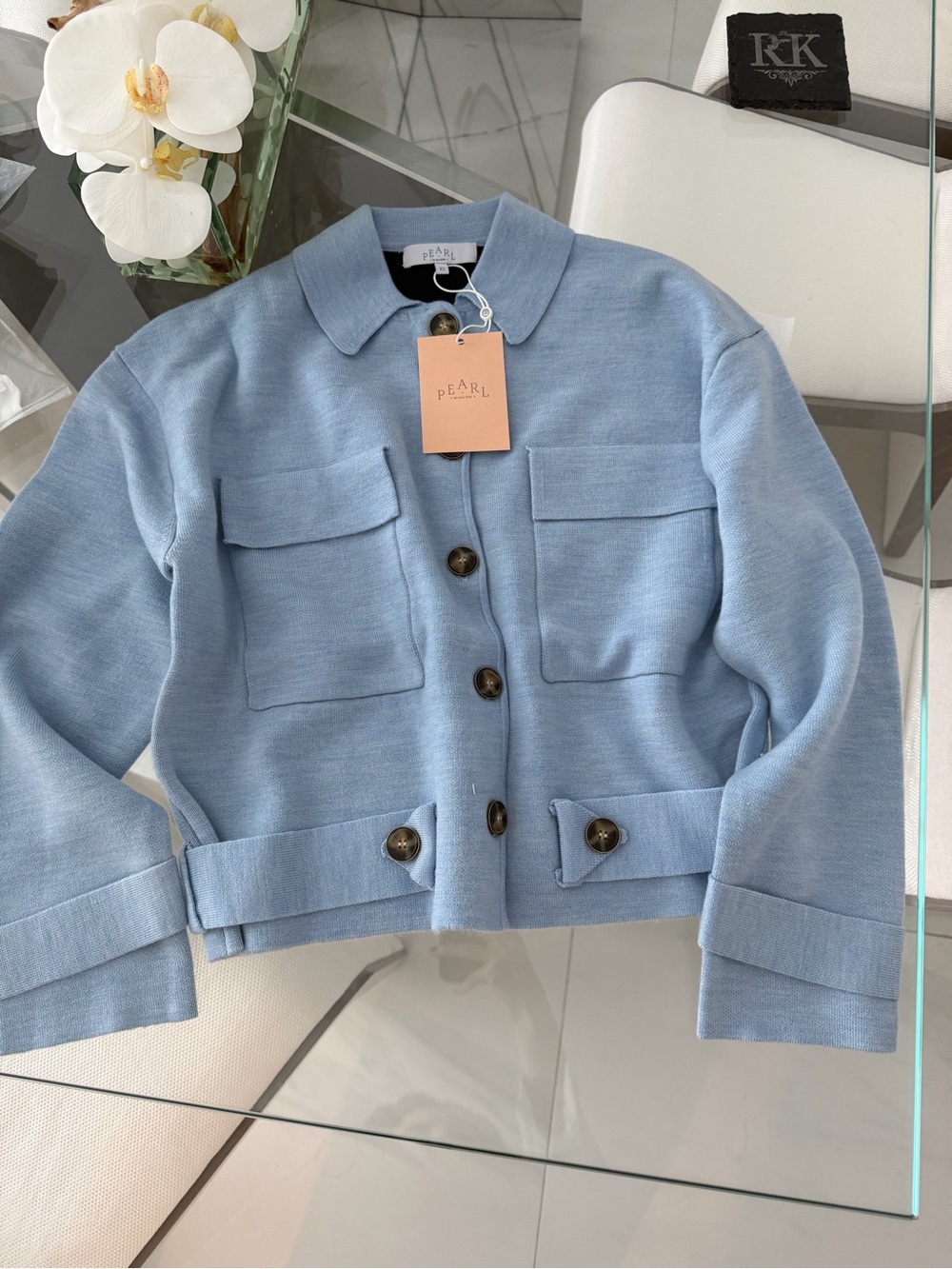Pearl Light Blue Cropped Button Jacket